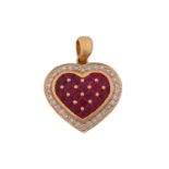 A ruby and diamond heart pendant, featuring square step-cut rubies in a tufted heart shape design in