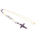A Victorian enamel cross fleury with a diamond-studded serpent necklace, composed of a cobalt blue