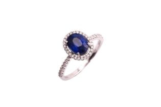 A sapphire entourage ring, consisting of an oval brilliant-cut sapphire with vivid and intense