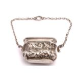 A Victorian silver vinaigrette in the form of a bag. the hinged oblong cover, flat chased with