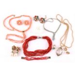 A quantity of costume jewellery and coral bead items; to include examples of a pair of D'Orlan