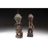 Two Songye male standing power figures, Nkisi, Democratic Repubic of Congo, one with horn charge and