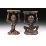 Two Tabwa female caryatid stools, Democratic Republic of Congo, carved kneeling and squatting,