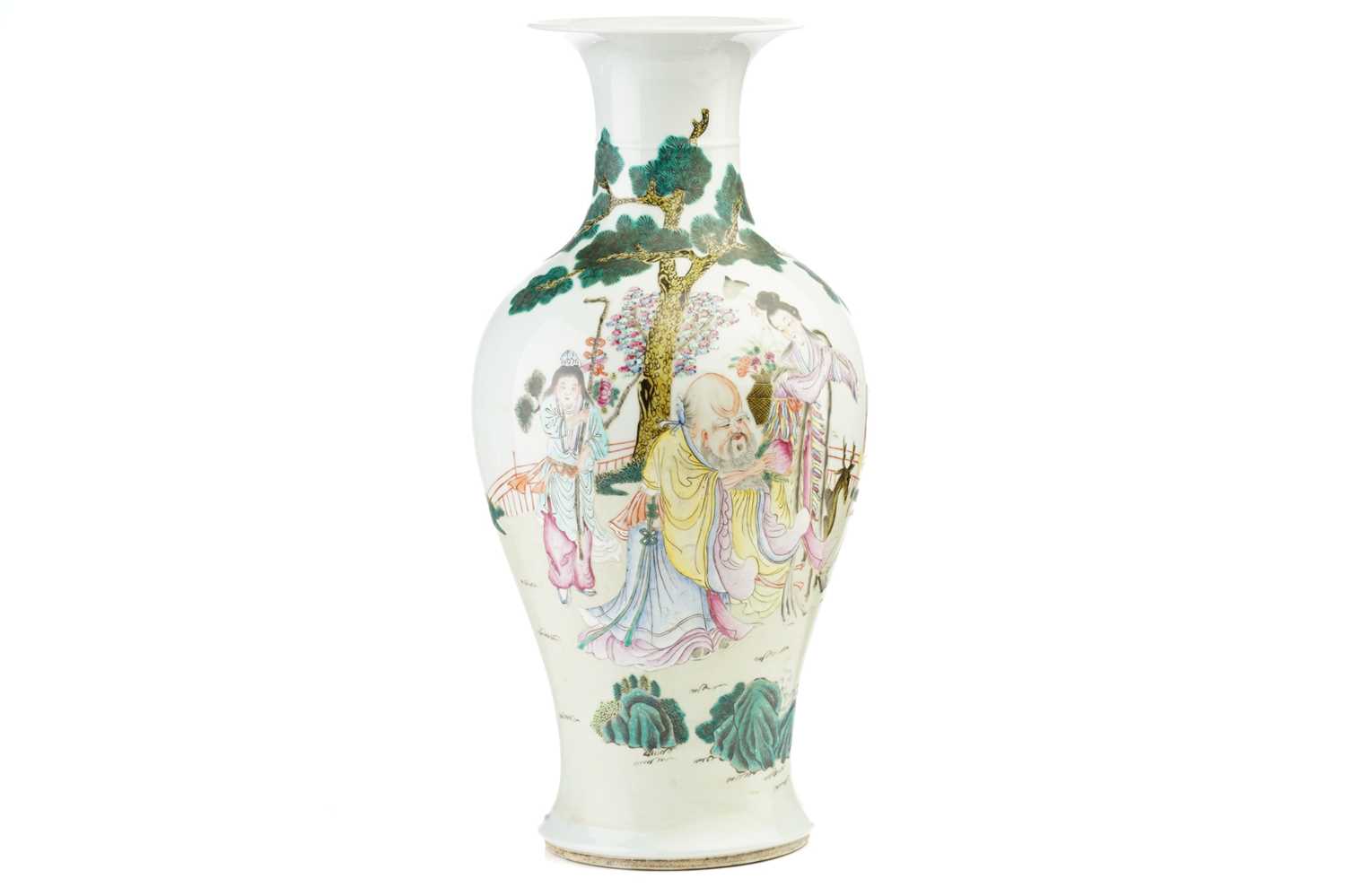 A Chinese porcelain famille rose baluster vase, painted with Shoulao holding a peach, seated beneath