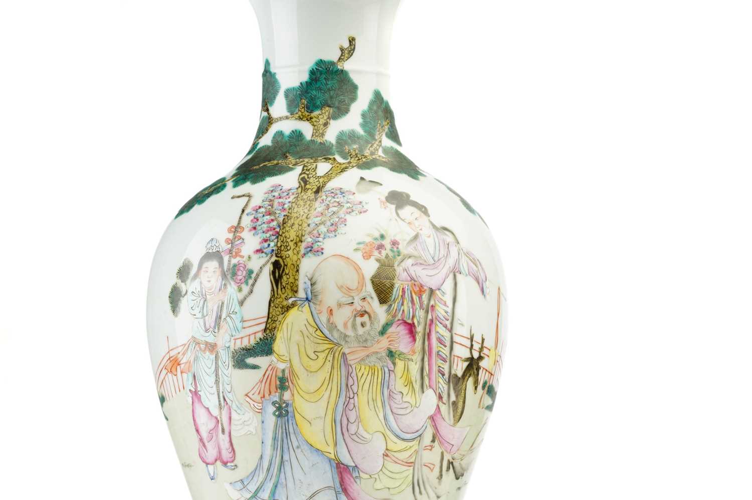 A Chinese porcelain famille rose baluster vase, painted with Shoulao holding a peach, seated beneath - Image 3 of 8