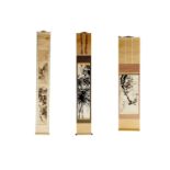 Three Japanese hanging scrolls, Kakejiku, 20th century, comprising a blossoming branch in moonlight,