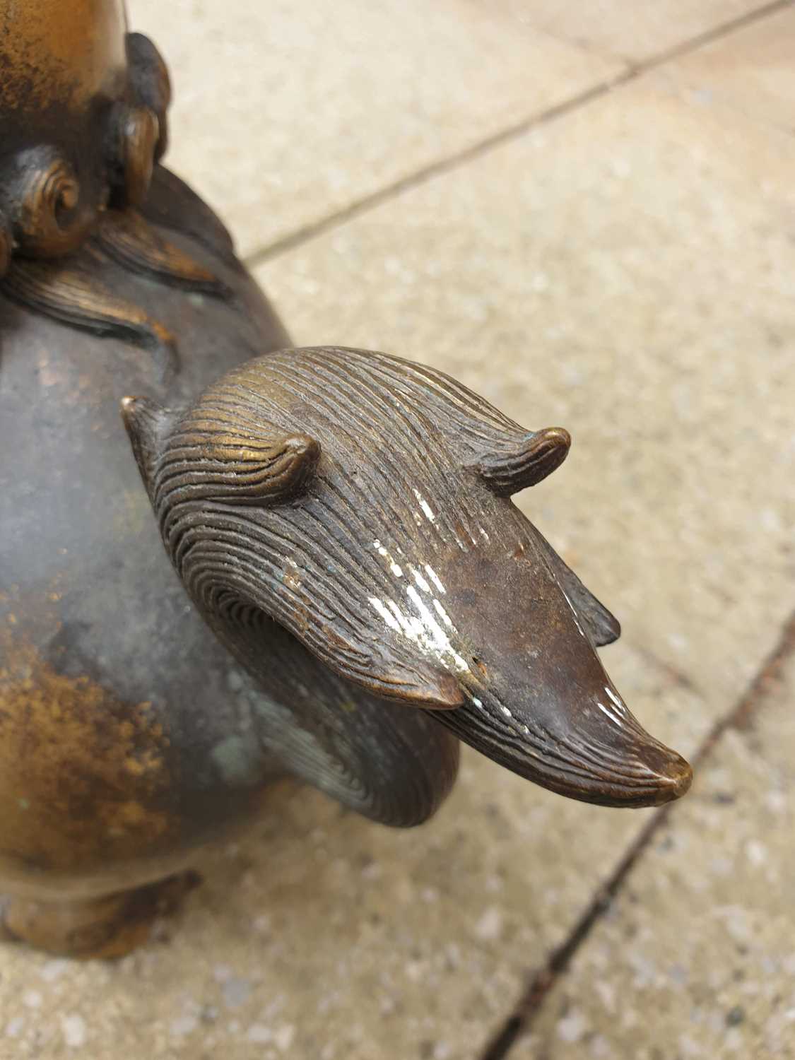 A large Chinese bronze Pixiu censor, with open mouth, scrolling mane and eyebrows, the ears pricked, - Image 9 of 27