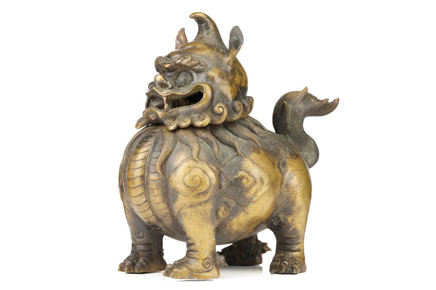 A large Chinese bronze Pixiu censor, with open mouth, scrolling mane and eyebrows, the ears pricked,