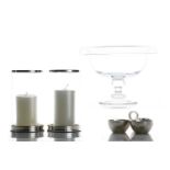 A pair of contemporary Ralph Lauren nickel plated and clear glass hurricane lamps each bearing the