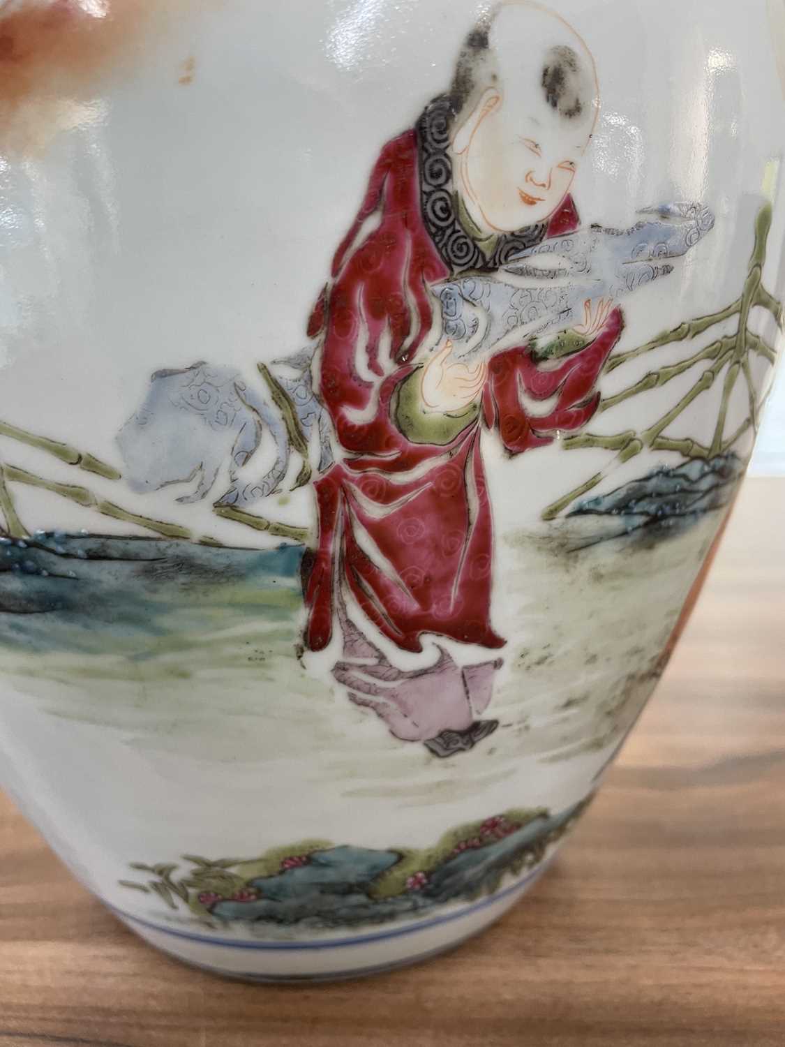 A Chinese porcelain vase, late Qing dynasty, painted with Shoulao and a boy attendant within a - Image 21 of 33