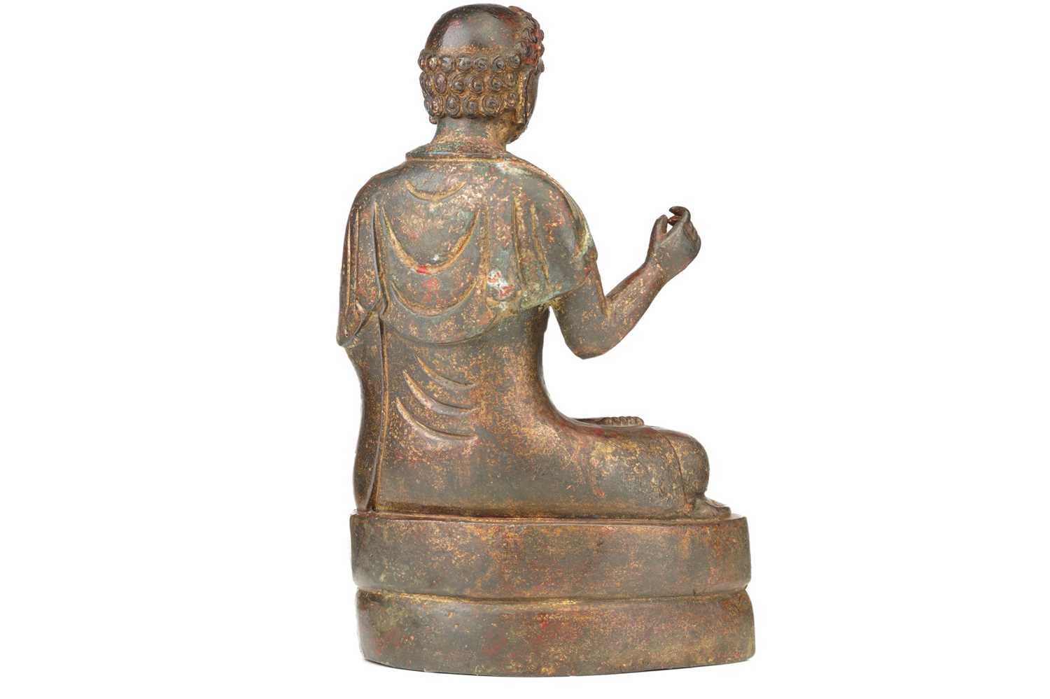 A Chinese Sino Tibetan style bronze figure of Bodhidharma, seated in dhyanasana, in loose robes on a - Image 2 of 4