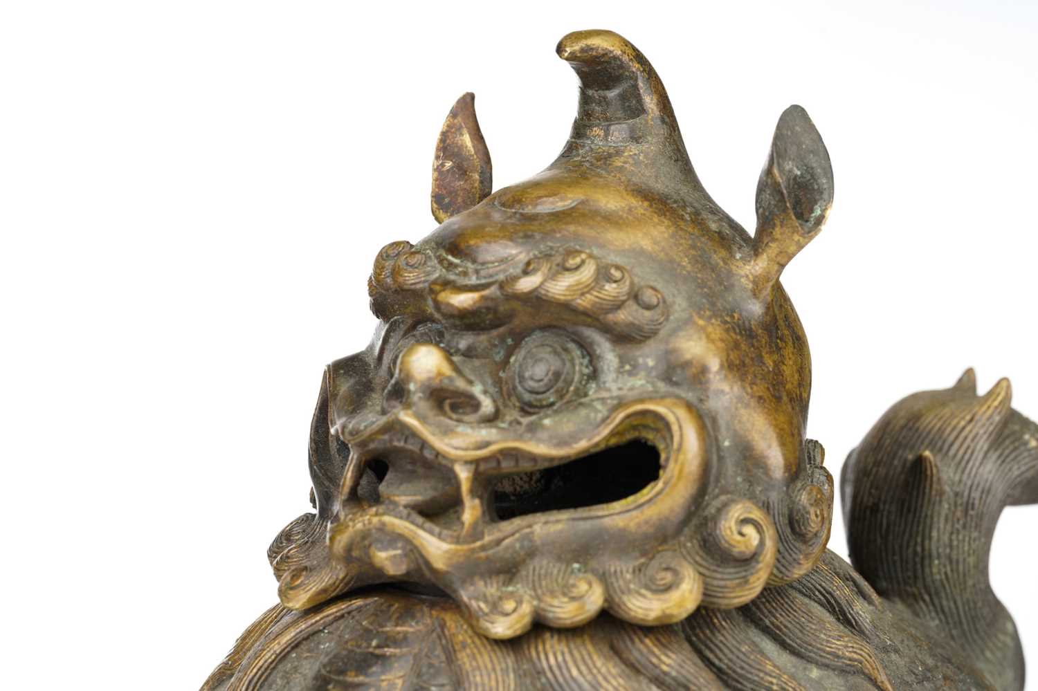 A large Chinese bronze Pixiu censor, with open mouth, scrolling mane and eyebrows, the ears pricked, - Image 2 of 27