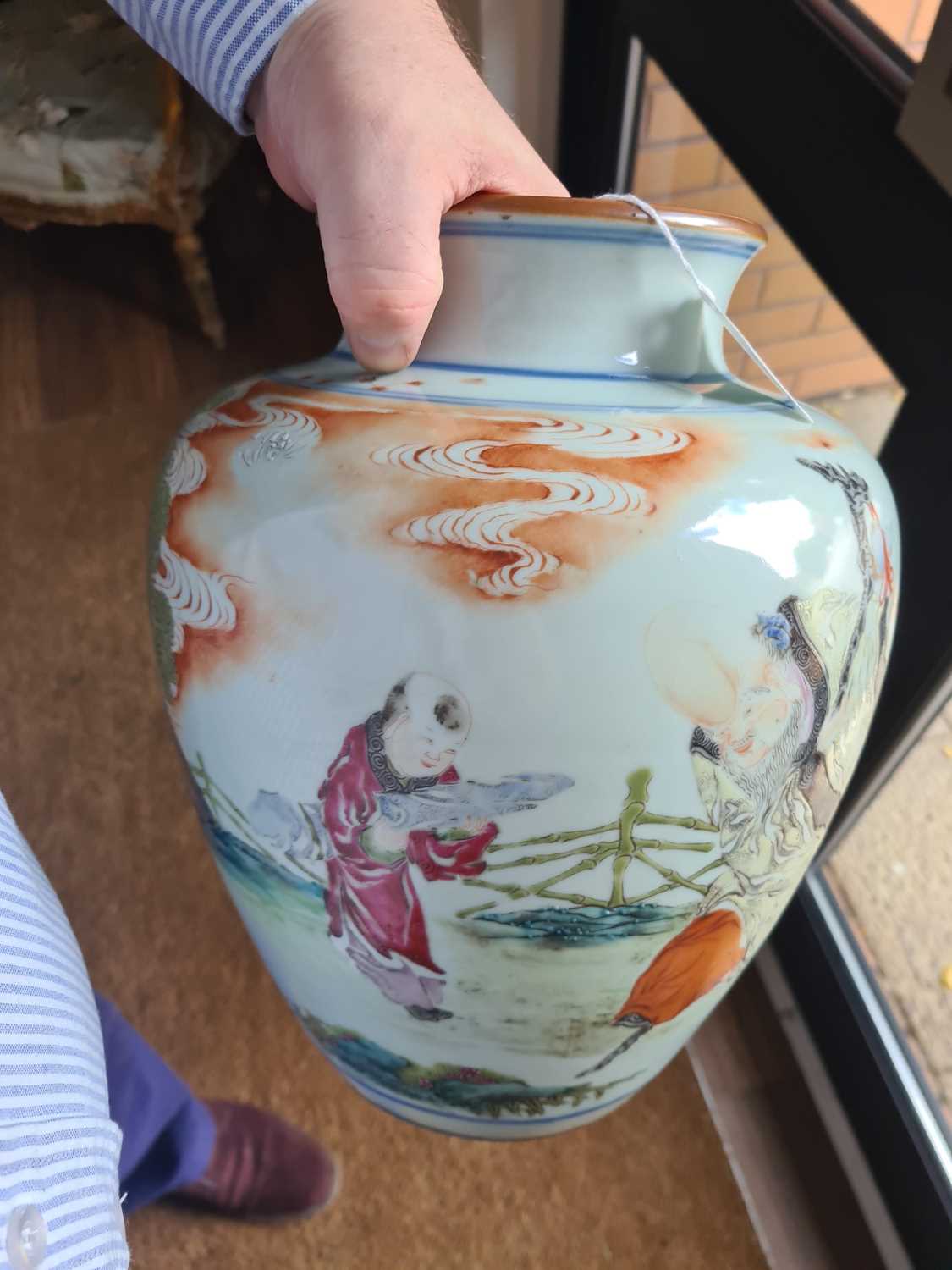 A Chinese porcelain vase, late Qing dynasty, painted with Shoulao and a boy attendant within a - Image 27 of 33