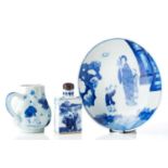 A Chinese blue & white snuff bottle, painted with figures in a landscape with calligraphy,