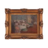 19th century French school, finely dressed figures around a salon table, indistinctly signed, oil on
