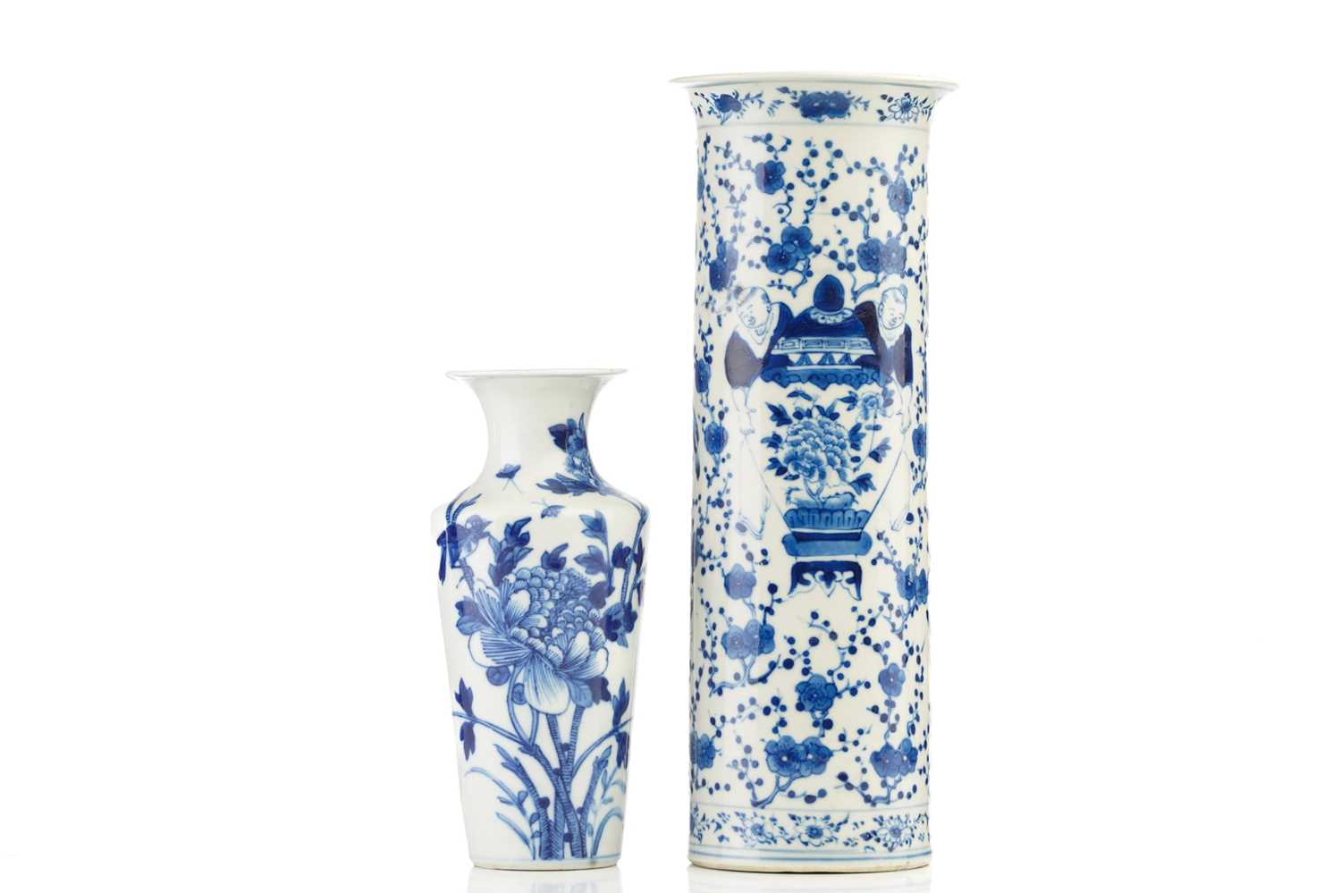 A Chinese blue & white vase, Qing, 18th century, painted with a bird upon a stem of tree peony,