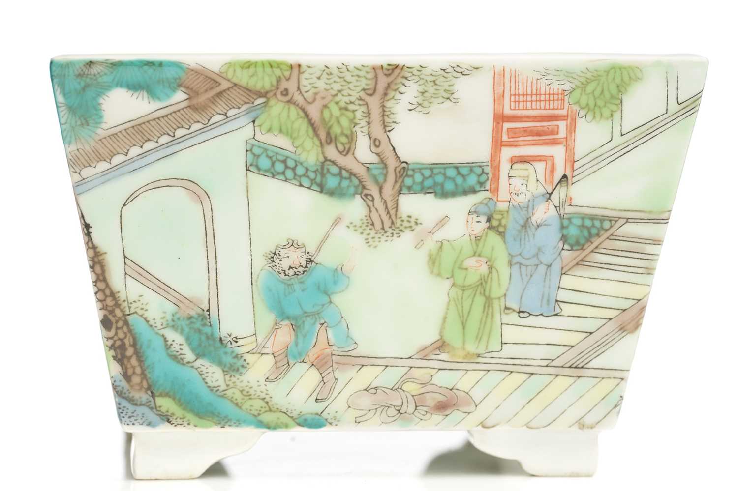 A Chinese porcelain scholars desk accessory, painted in a famille verte palette, each side with - Image 5 of 5