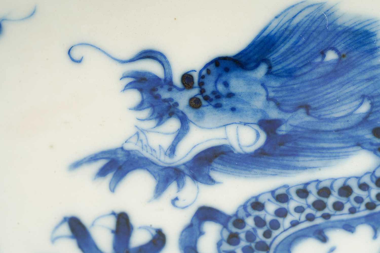 A Chinese porcelain blue & white dragon bowl, the interior with a single writhing dragon, the - Image 7 of 7