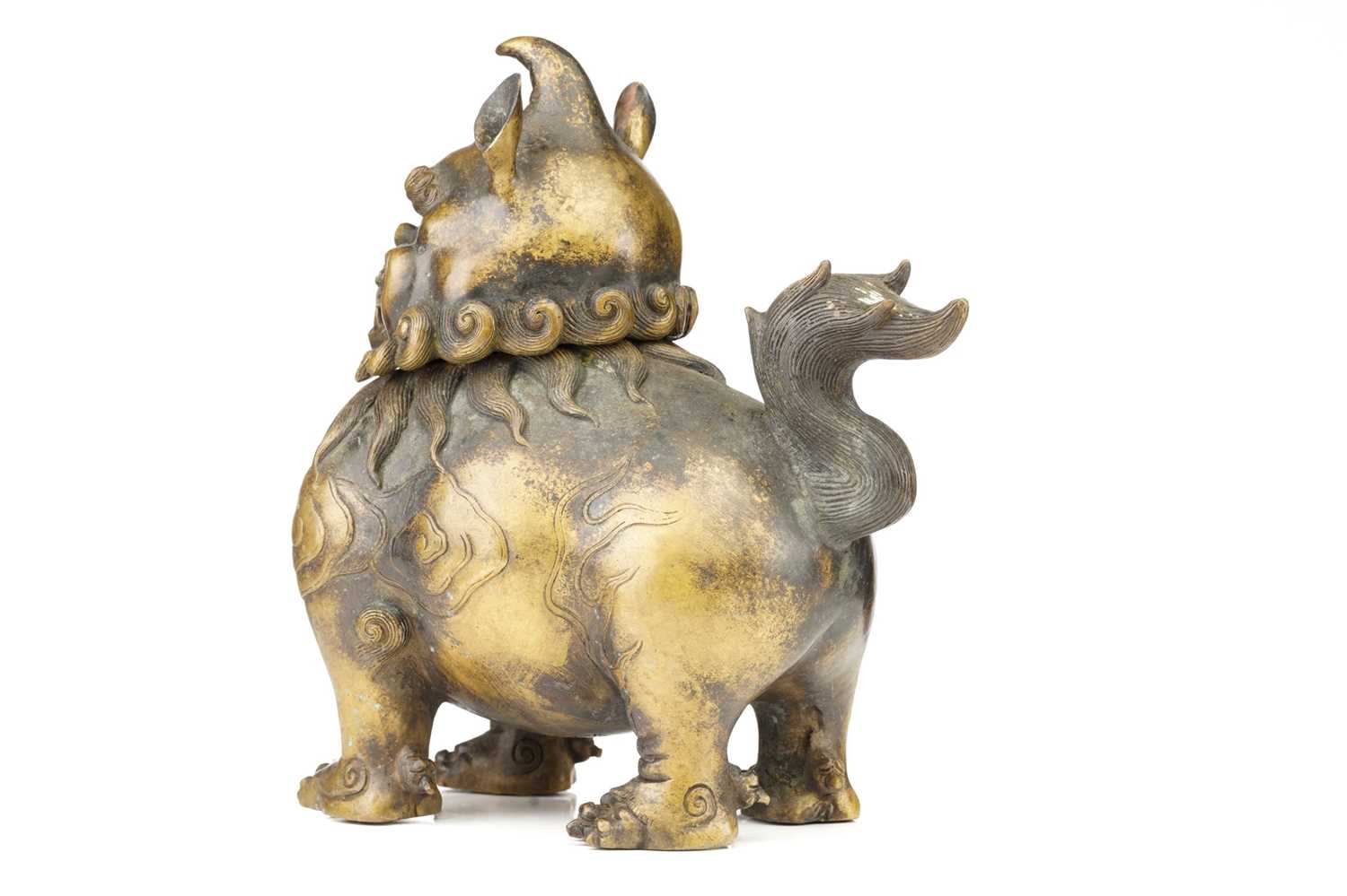 A large Chinese bronze Pixiu censor, with open mouth, scrolling mane and eyebrows, the ears pricked, - Image 6 of 27