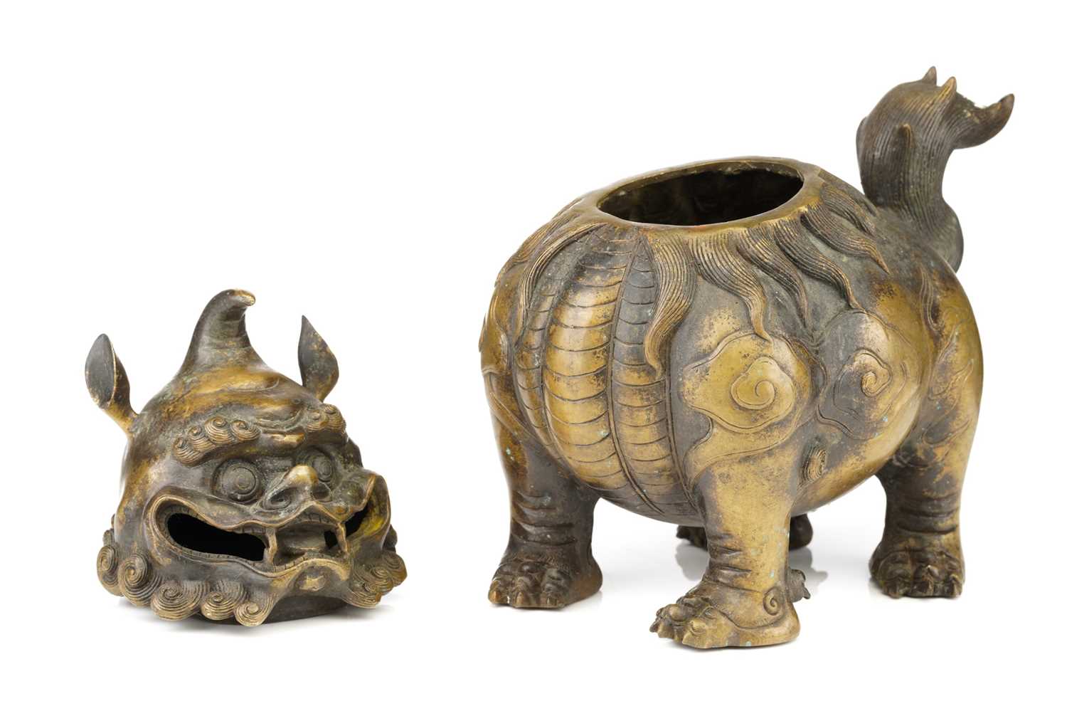 A large Chinese bronze Pixiu censor, with open mouth, scrolling mane and eyebrows, the ears pricked, - Image 3 of 27