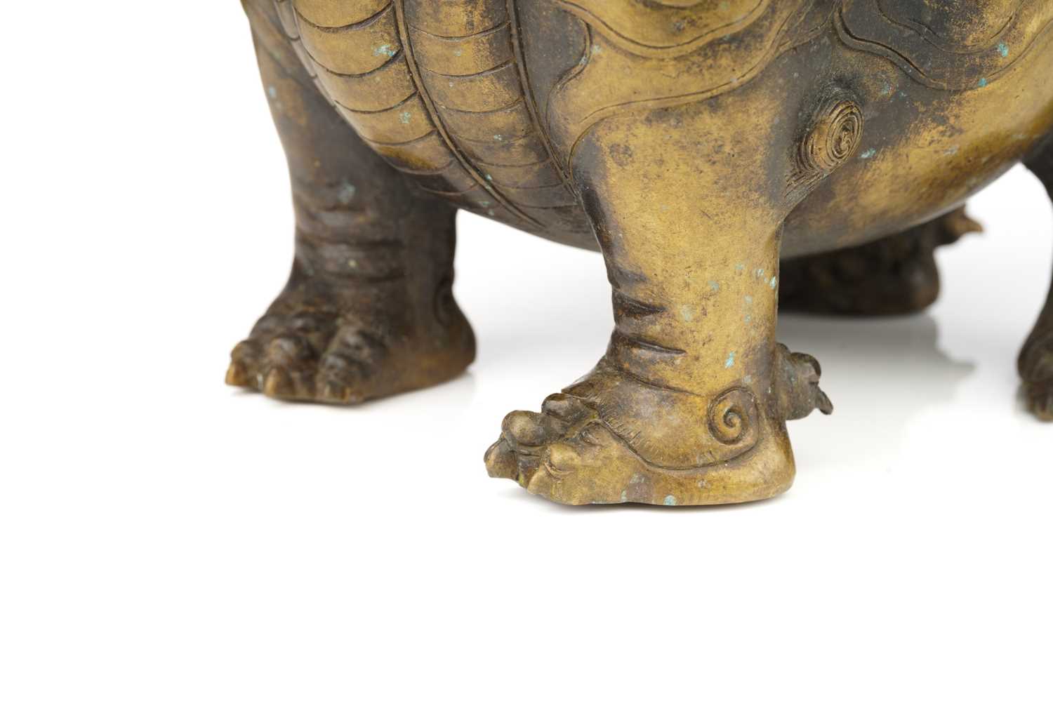 A large Chinese bronze Pixiu censor, with open mouth, scrolling mane and eyebrows, the ears pricked, - Image 5 of 27
