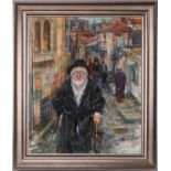 Moshe Chauski (contemporary), portrait of a Jewish man in a busy street, oil on canvas (laid on