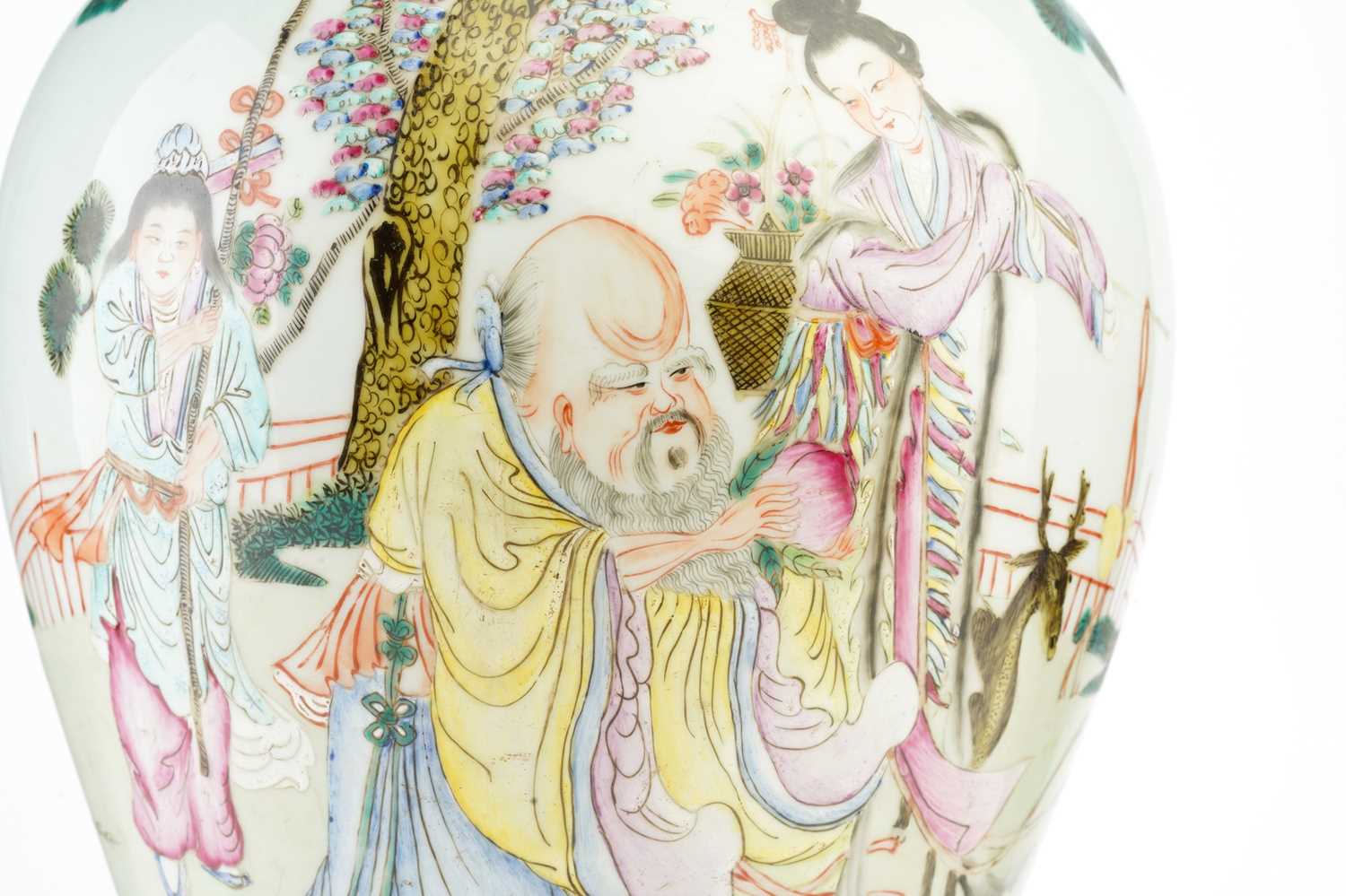 A Chinese porcelain famille rose baluster vase, painted with Shoulao holding a peach, seated beneath - Image 4 of 8