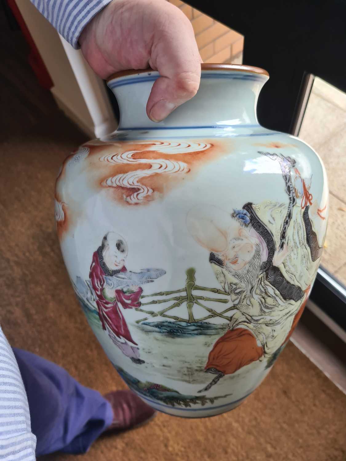 A Chinese porcelain vase, late Qing dynasty, painted with Shoulao and a boy attendant within a - Image 32 of 33