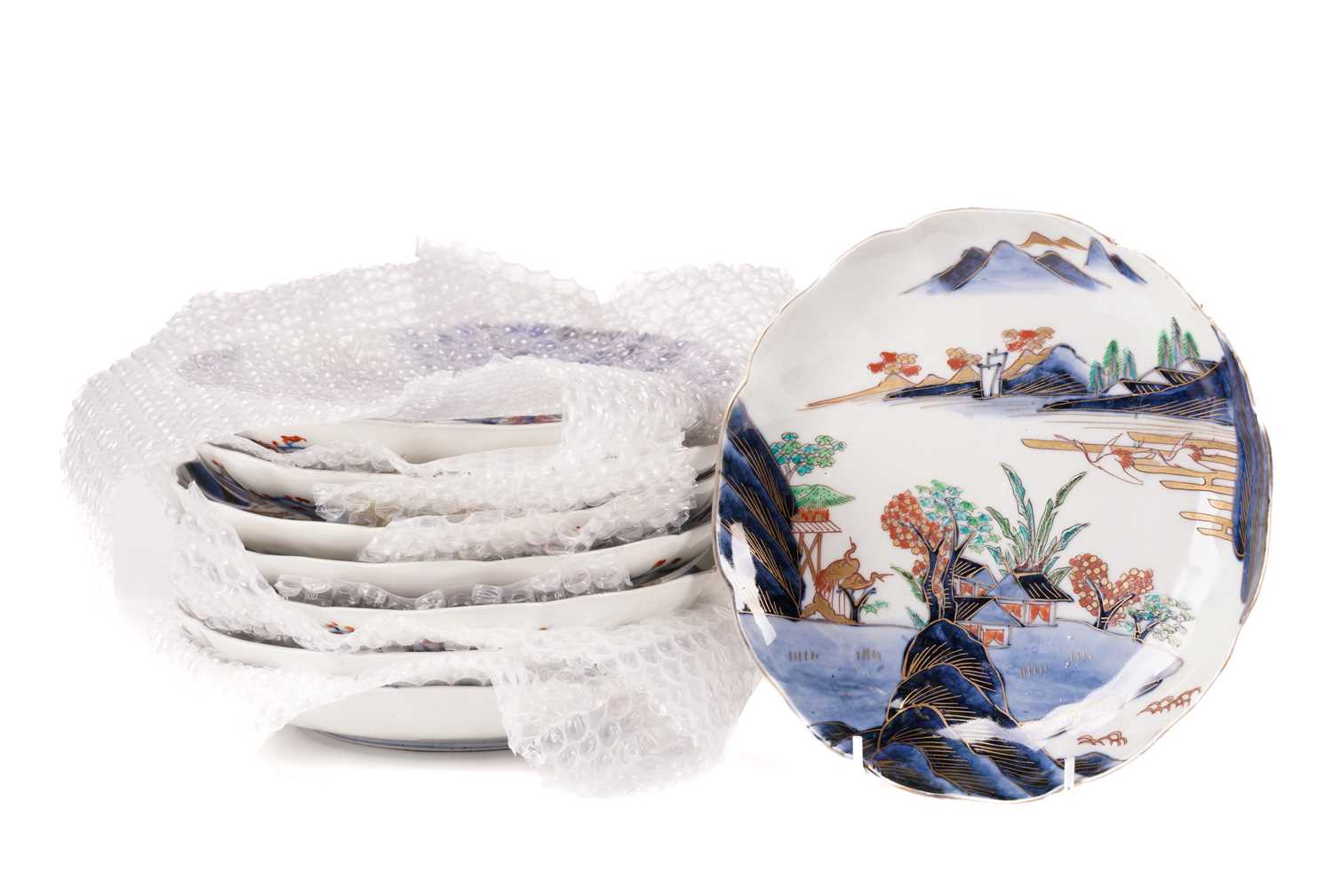 A set of seven Japanese Arita plates, late 19th century, painted with flowers and leaves with - Image 3 of 17