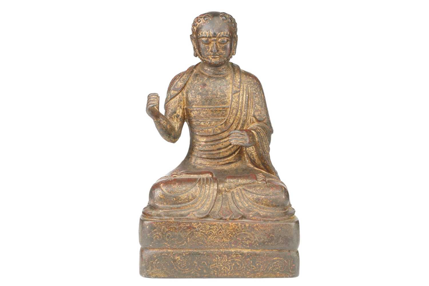 A Chinese Sino Tibetan style bronze figure of Bodhidharma, seated in dhyanasana, in loose robes on a