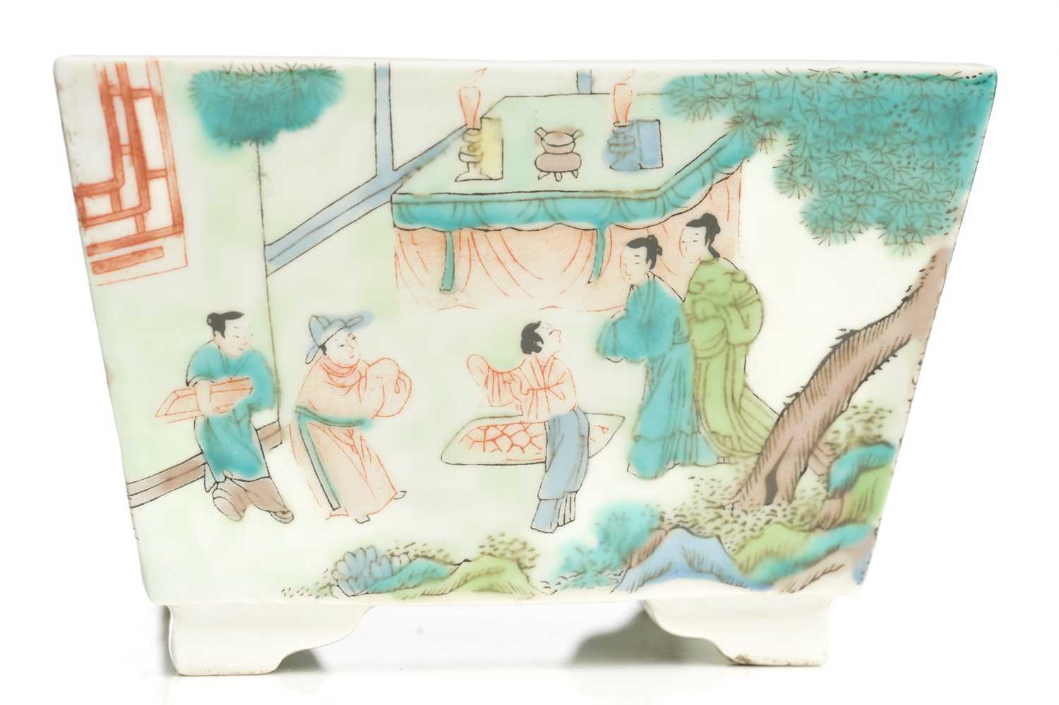 A Chinese porcelain scholars desk accessory, painted in a famille verte palette, each side with - Image 4 of 5