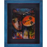 Rebwar (20th century) Kurdish, abstract faces, oil on board, 44 cm x 32 cm glazed in a box frame.