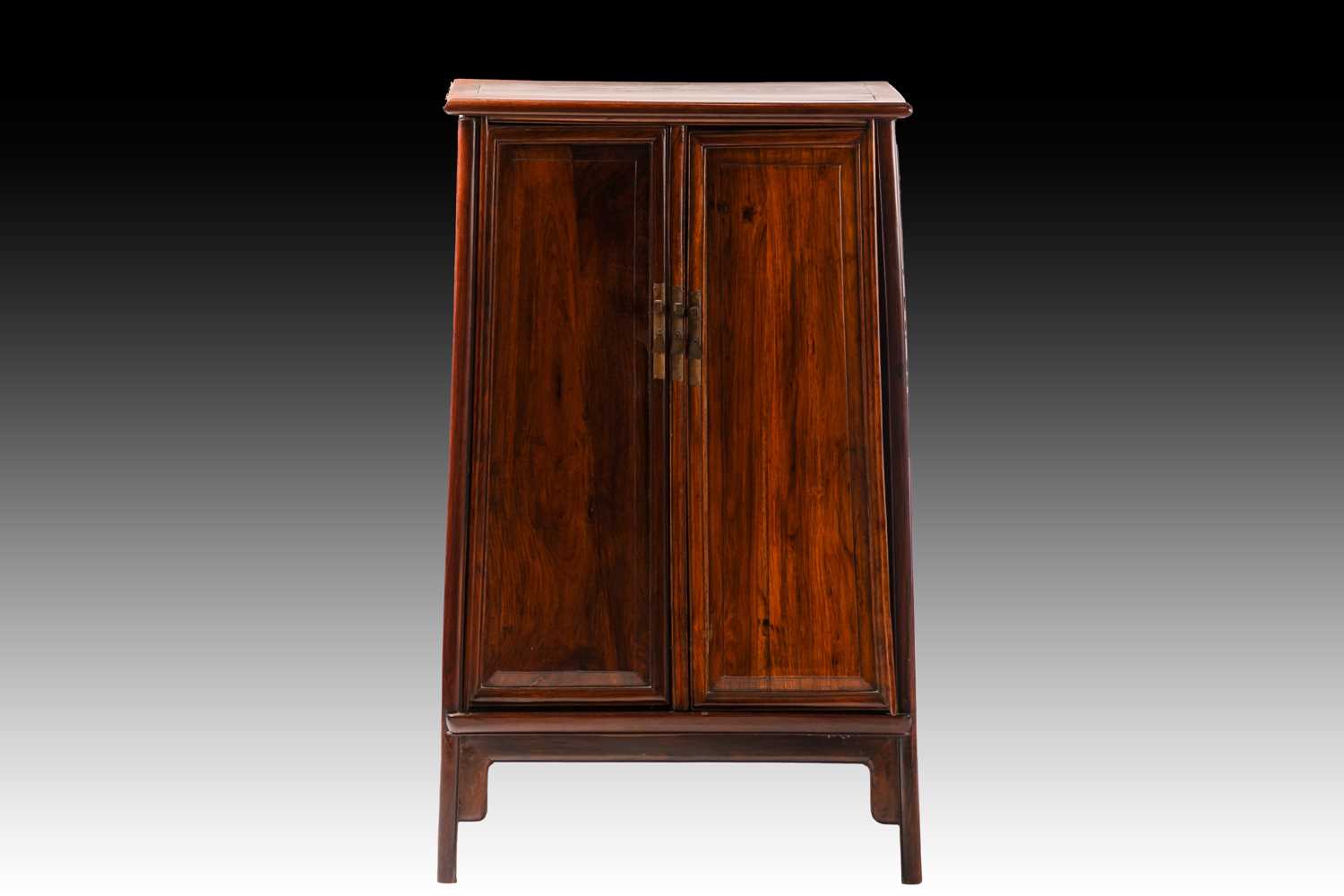 A Chinese Huanghuali tapering two-door cabinet with radiused corners, Qing Dynasty. Each door with - Image 3 of 50