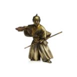 Japanese bronze silvered and gilt bronze figure of a Samurai warrior, 20th century, with a sankaku