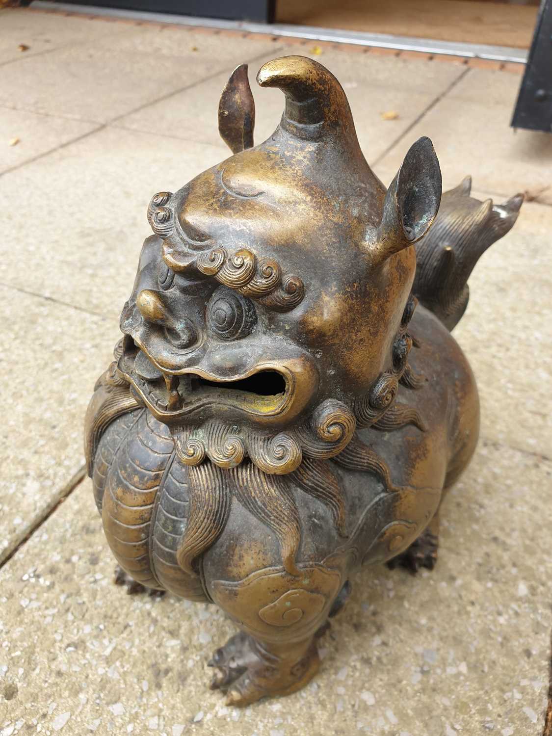 A large Chinese bronze Pixiu censor, with open mouth, scrolling mane and eyebrows, the ears pricked, - Image 10 of 27