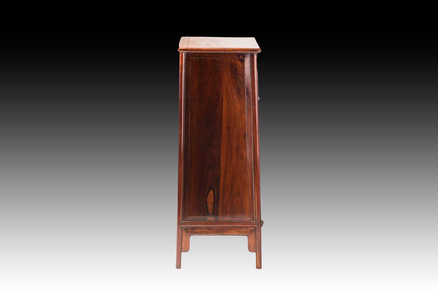 A Chinese Huanghuali tapering two-door cabinet with radiused corners, Qing Dynasty. Each door with - Image 6 of 50