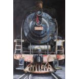 Zhang Xing, (20th century) Chinese, a frontal view of a steam engine, large oil on canvas, 148 cm