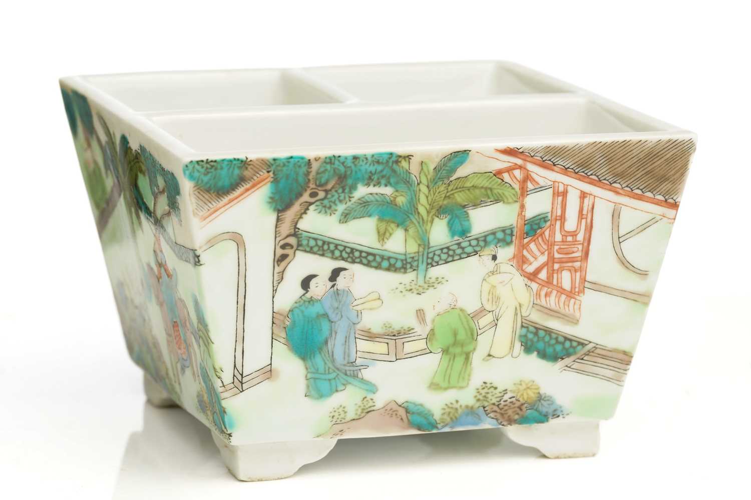 A Chinese porcelain scholars desk accessory, painted in a famille verte palette, each side with