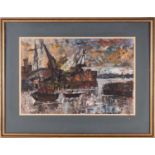 Ernst Eisenmayer (1920-2018), an abstract industrial harbour scene, signed, watercolour, 38 cm x