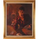 20th century British school, 'The Card Player', oil on canvas, indistinctly signed to lower right
