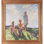 C Penky (20th century), children on hill, oil on canvas, signed to lower left corner, 74 cm x 69