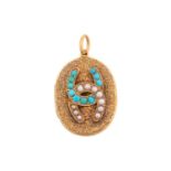 A Victorian pearl and turquoise locket; the textured oval locket with applied horseshoes, one set