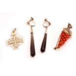 A pair of asymmetrical drop earrings, a grapevine brooch and a cross pendant; The drop earrings each