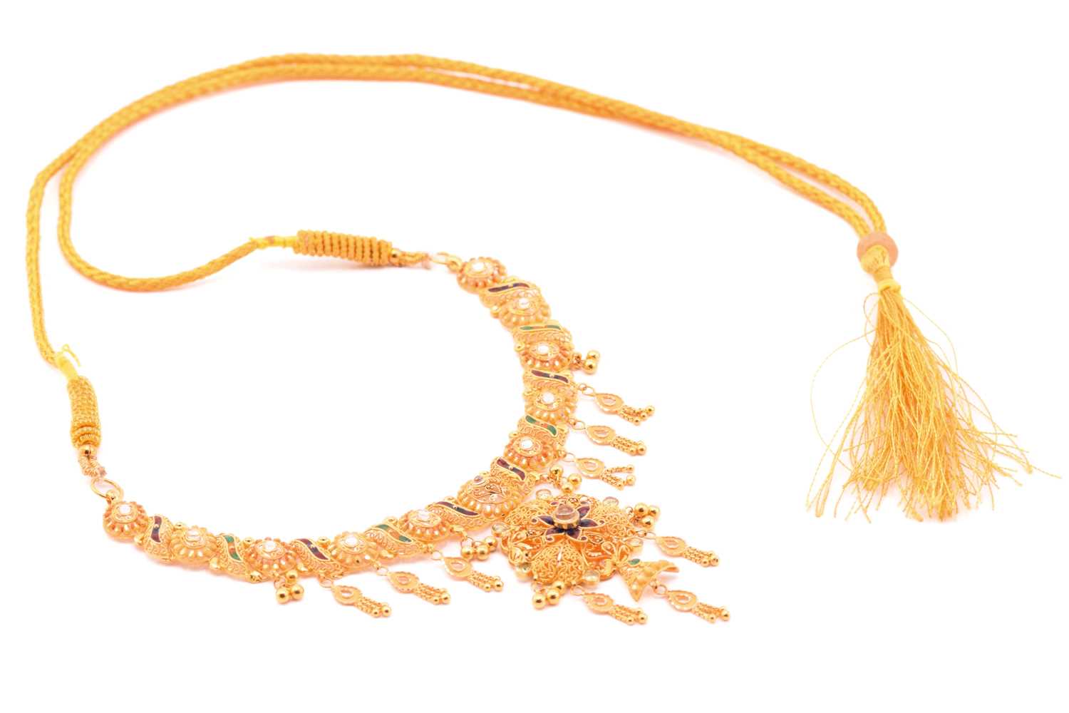 An enamel and paste and yellow metal bridal set; the necklace composed of scrolling and oval pierced - Image 4 of 12