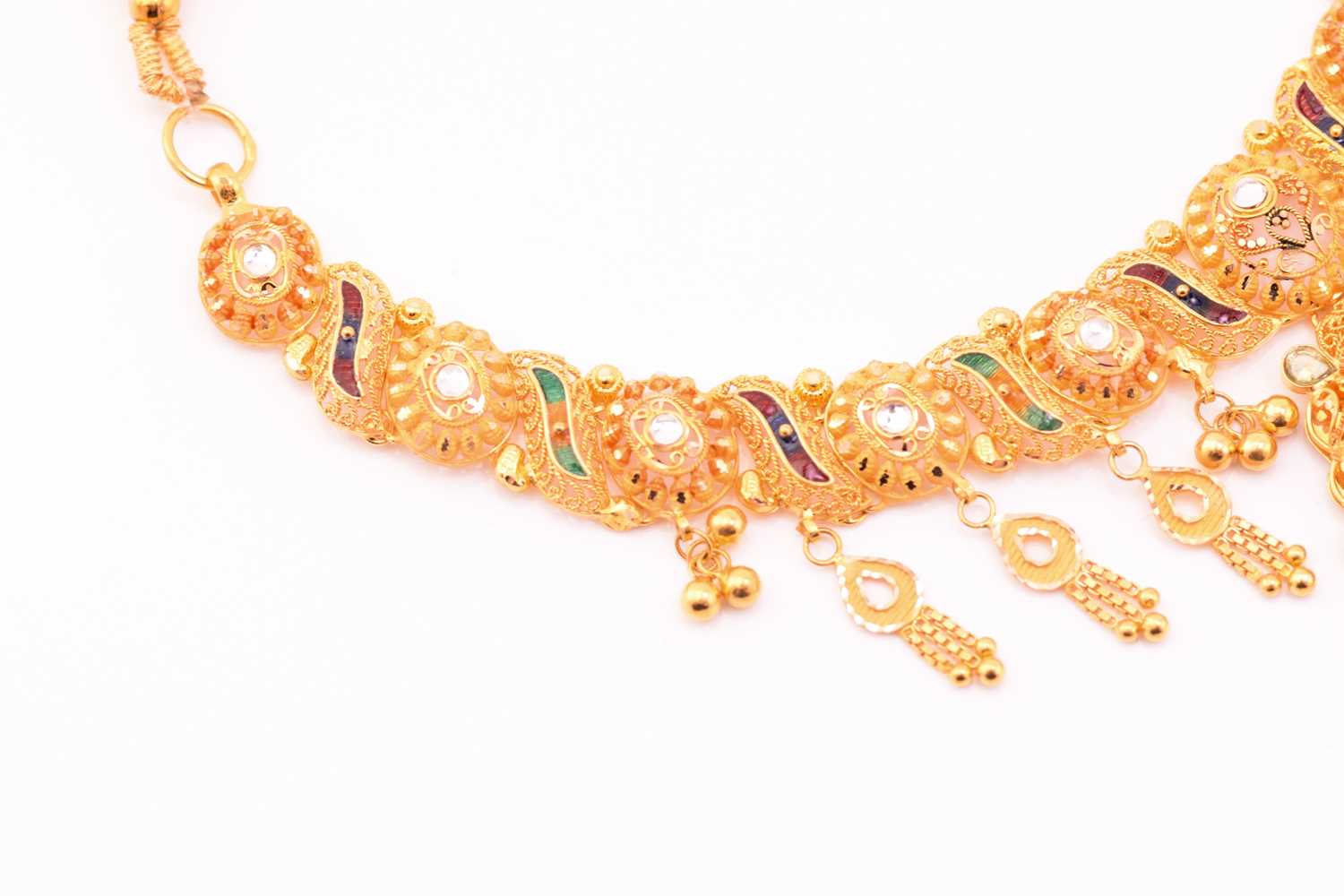 An enamel and paste and yellow metal bridal set; the necklace composed of scrolling and oval pierced - Image 8 of 12