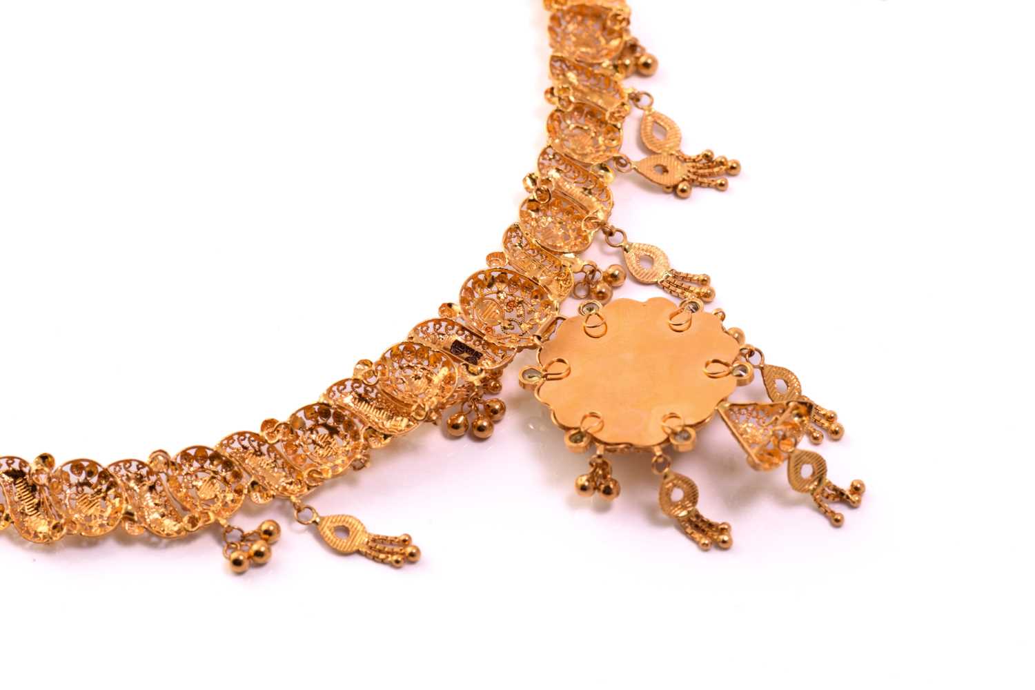 An enamel and paste and yellow metal bridal set; the necklace composed of scrolling and oval pierced - Image 6 of 12