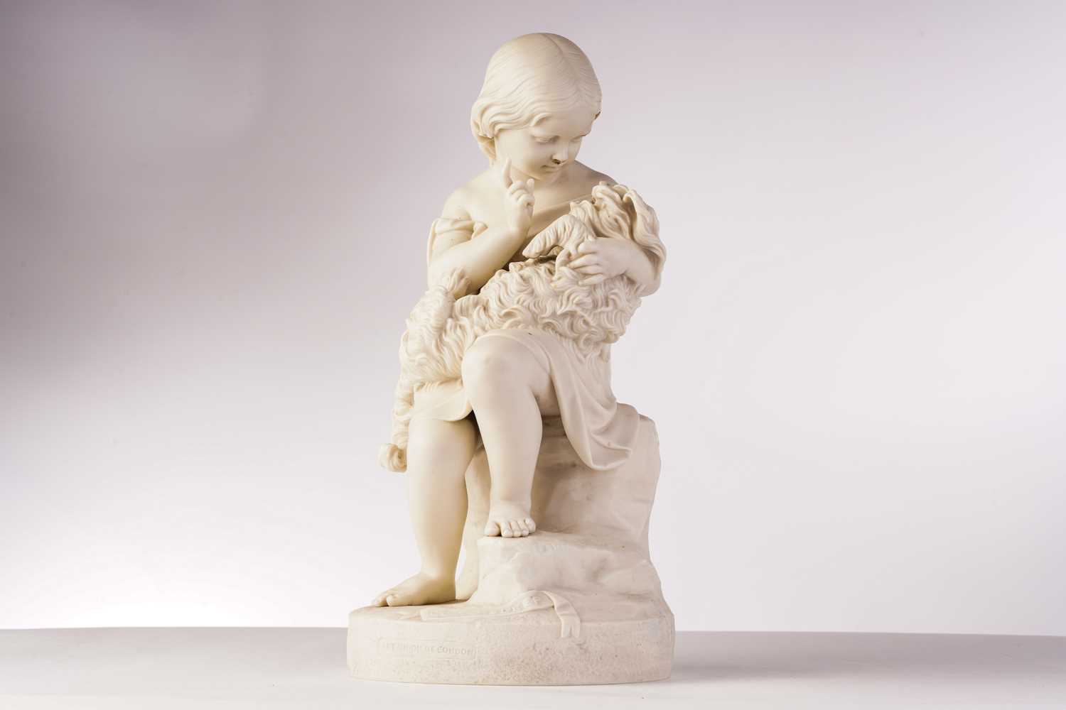 After J. Durham 1862, a Parian ware figure of a child with a dog, inscribed 'Go to Sleep'and Art