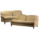 A pair of Kingcome of Devon 'Stratford' style two-seat sofas with Colefax and Fowler 'maridon olive'