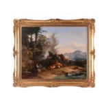 19th Century British School, Charcoal burners at work in a landscape, unsigned, framed, oil on