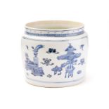 A Chinese porcelain blue & white container, painted with a landscape panel and a panel of treasures,